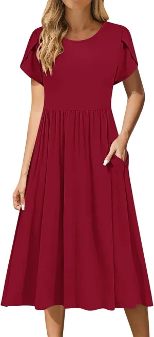 Olive Casual A-Line Dress for Women Short Sleeve with Pockets Summer Midi Dress