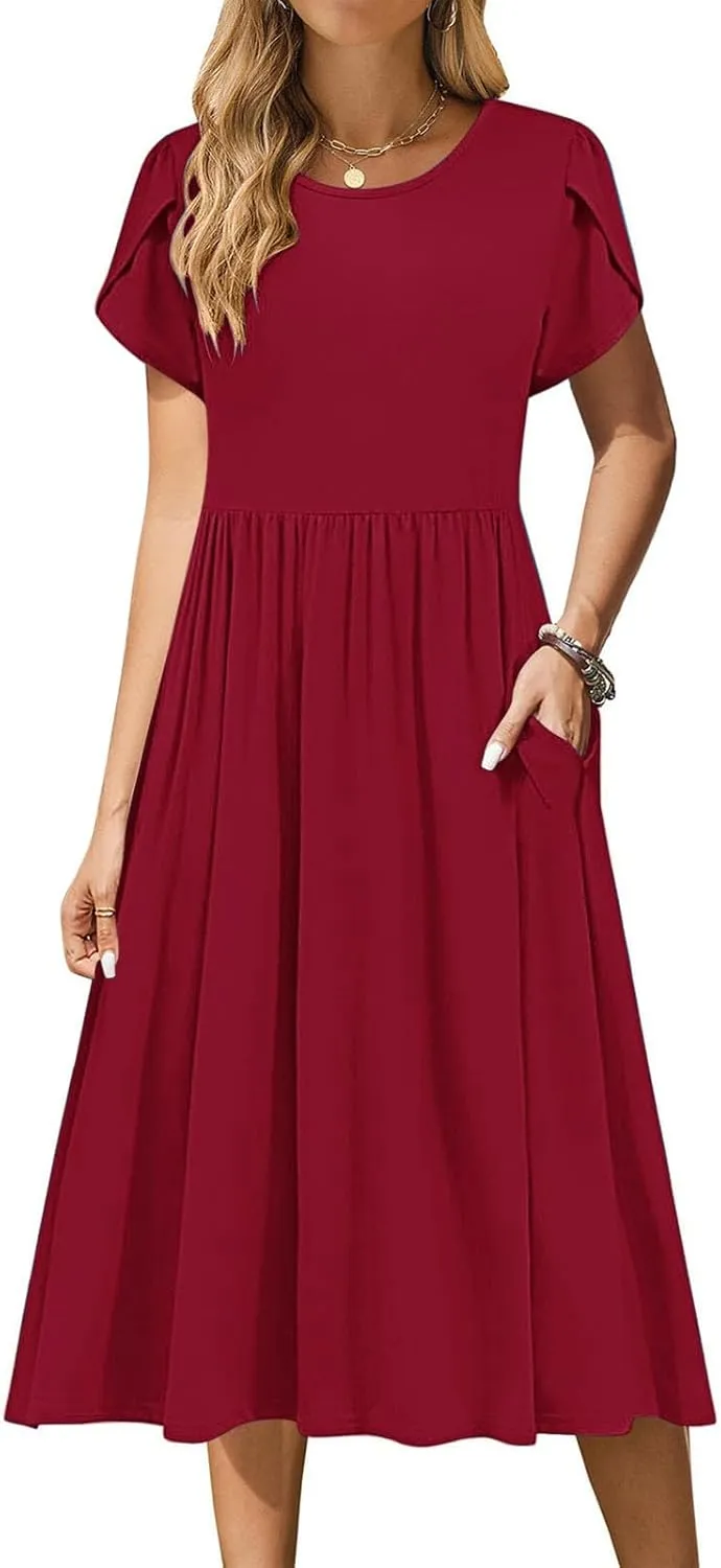 Olive Casual A-Line Dress for Women Short Sleeve with Pockets Summer Midi Dress