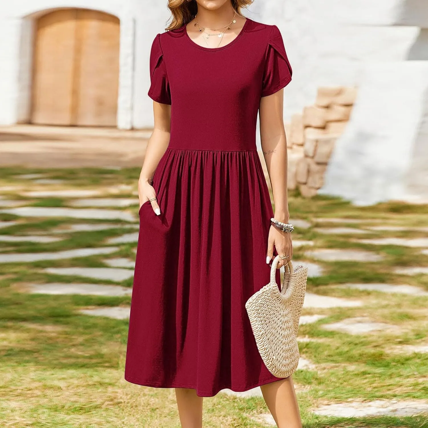 Olive Casual A-Line Dress for Women Short Sleeve with Pockets Summer Midi Dress