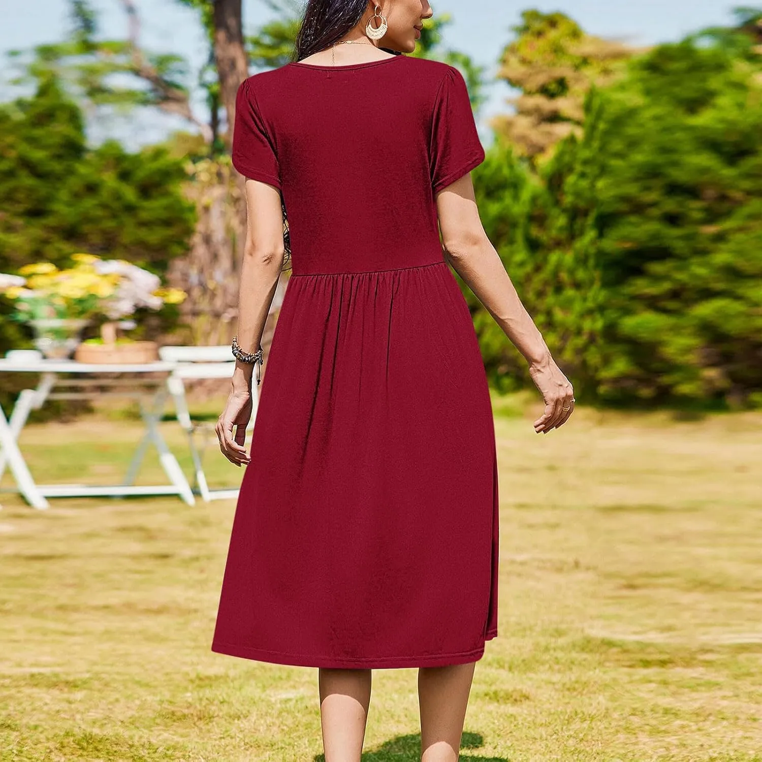 Olive Casual A-Line Dress for Women Short Sleeve with Pockets Summer Midi Dress