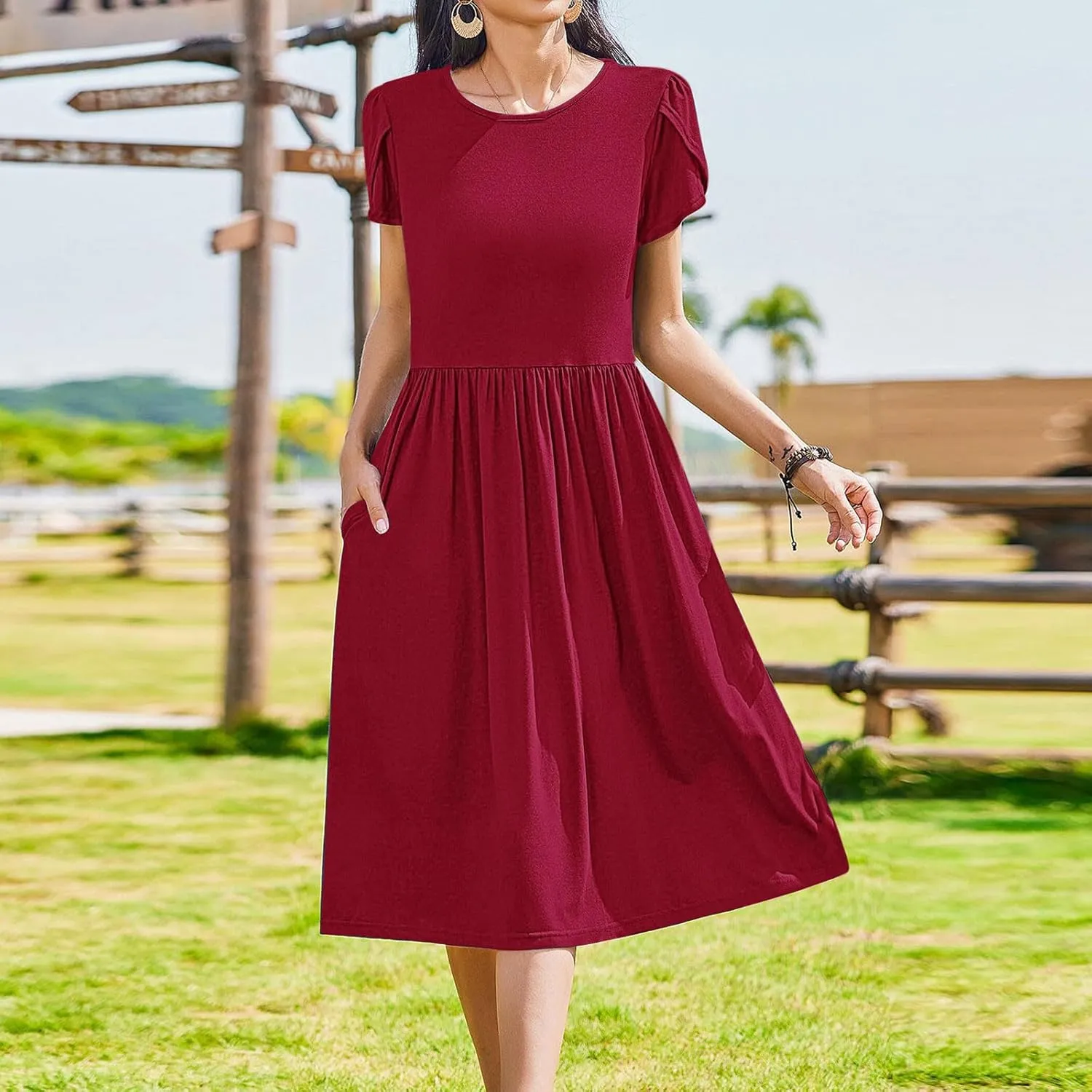 Olive Casual A-Line Dress for Women Short Sleeve with Pockets Summer Midi Dress