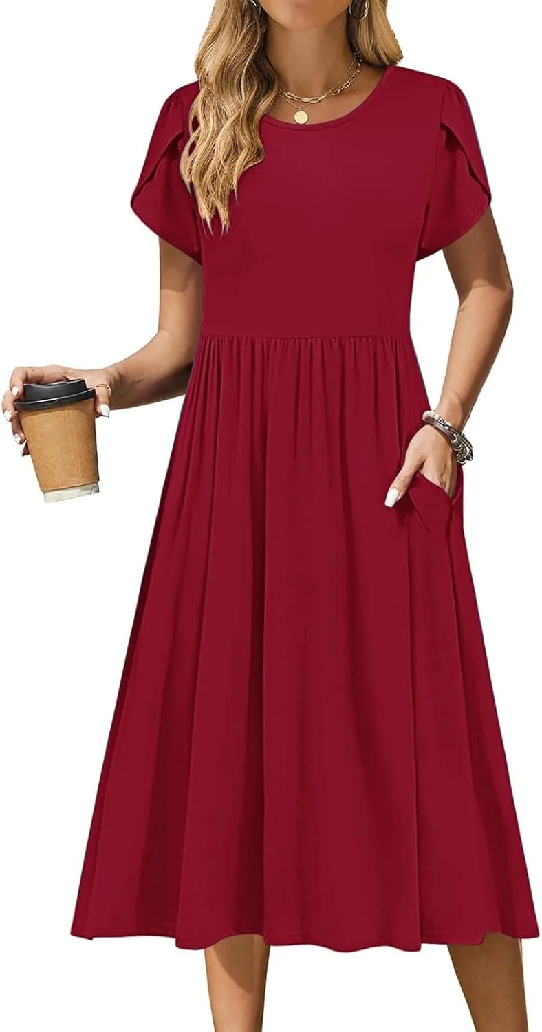 Olive Casual A-Line Dress for Women Short Sleeve with Pockets Summer Midi Dress