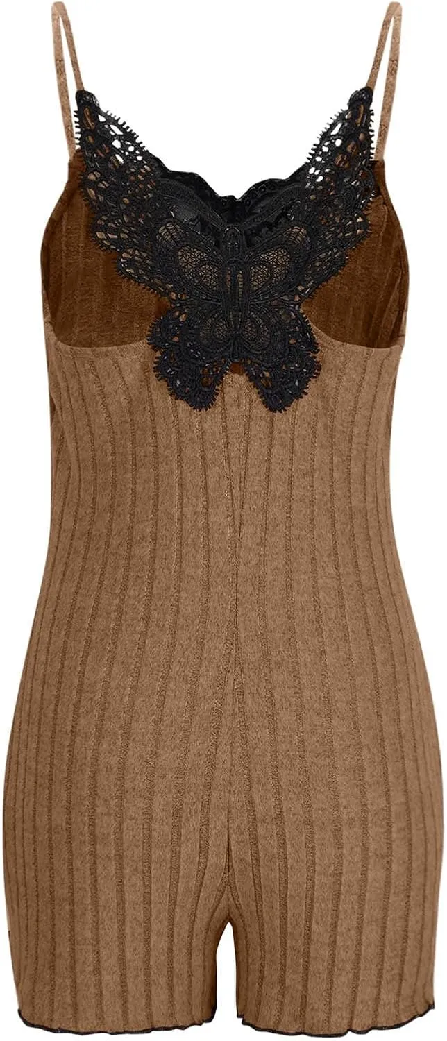 One Piece Short Bodysuit Womens Lace Onesies Pajamas Ribbed Bodycon Rompers Spaghetti Strap Loungewear Sleepwear