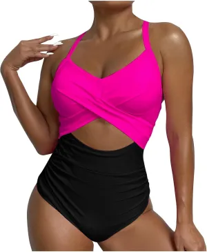 One Piece Swimsuits Women Tummy Control Thong Monokini Cutout High Waisted Bathing Suit Criss Cross Tie Back Monokinis