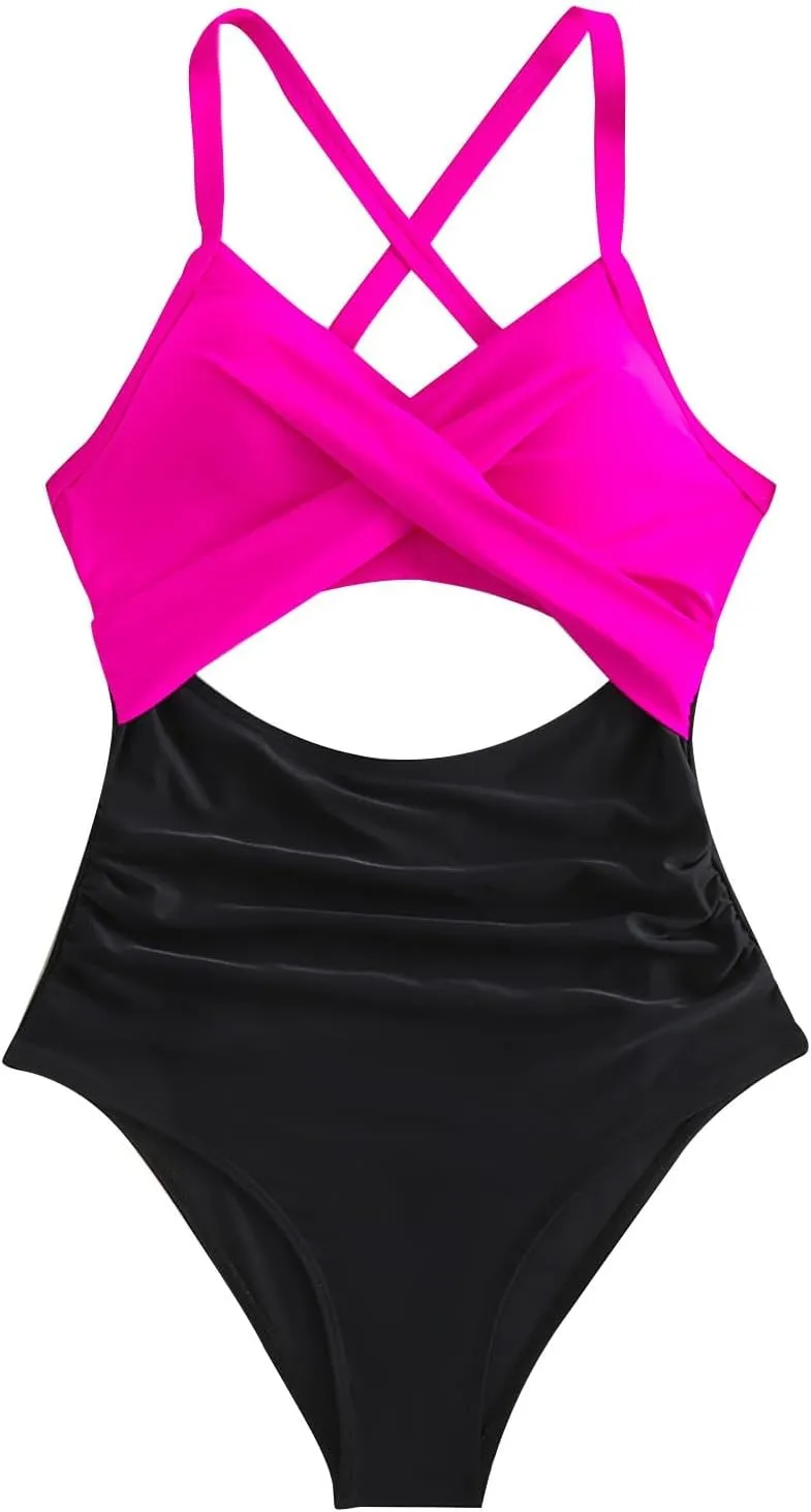 One Piece Swimsuits Women Tummy Control Thong Monokini Cutout High Waisted Bathing Suit Criss Cross Tie Back Monokinis