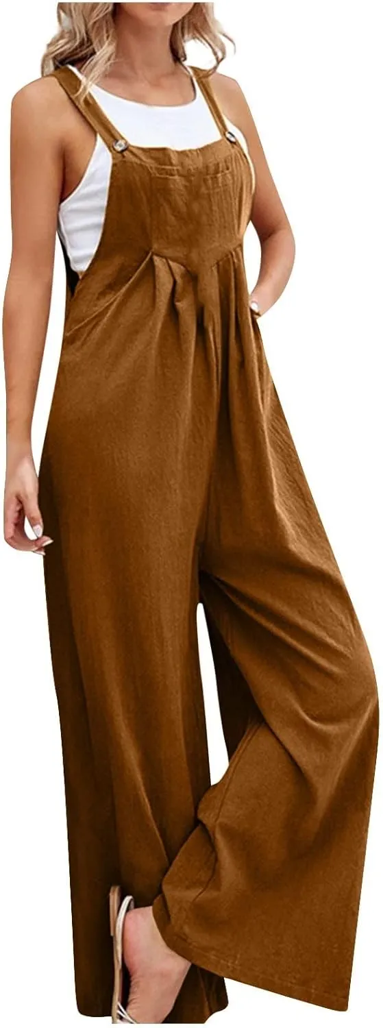 Overalls for Women 2025 Vacation Summer Solid Jumpsuits Cute Boho Floral Adjustable Straps Wide Leg Pant With Pockets