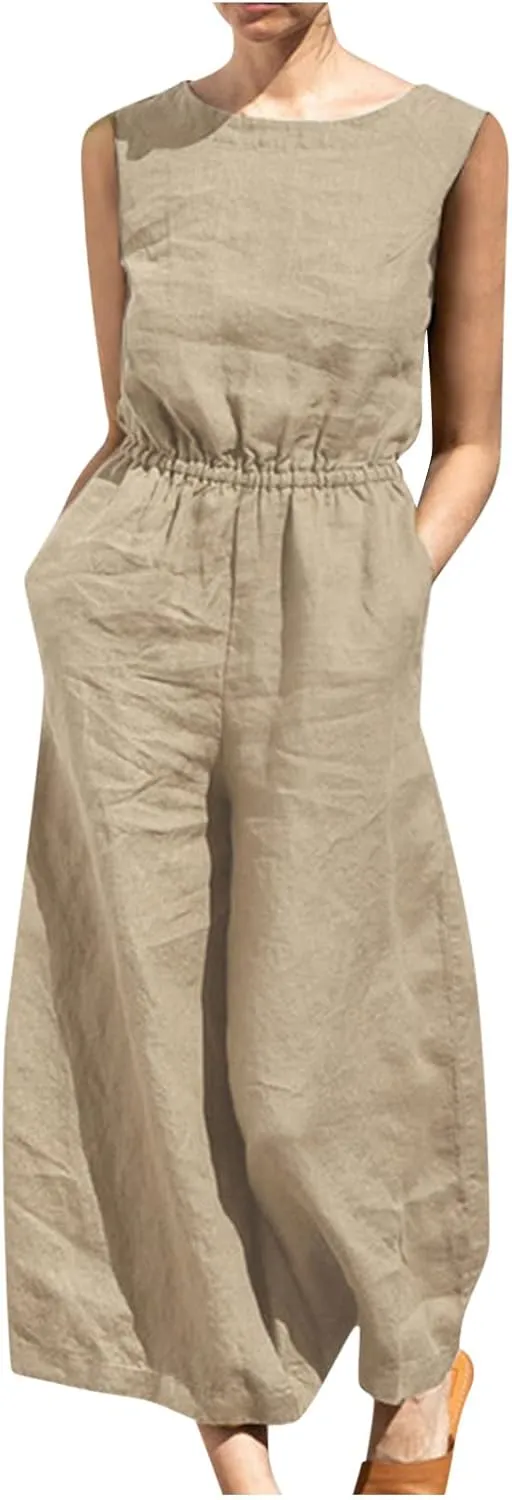Pants for Women Fall Summer Linen Loose Fit Straight Leg Plain Overalls Pants One Piece Women 2024 Y2K