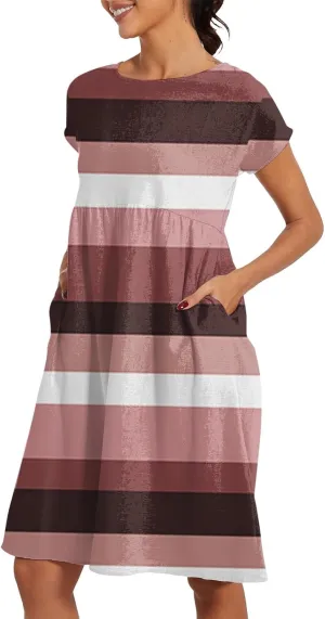Patchwork Dress for Women Striped Ruched Waist A-Line Casual Summer Dress with Side Pockets