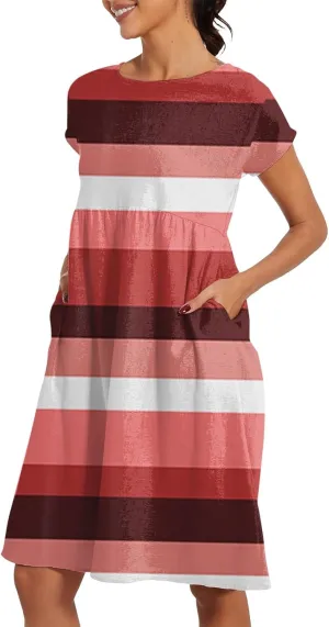 Patchwork Dress for Women Striped Ruched Waist A-Line Casual Summer Dress with Side Pockets