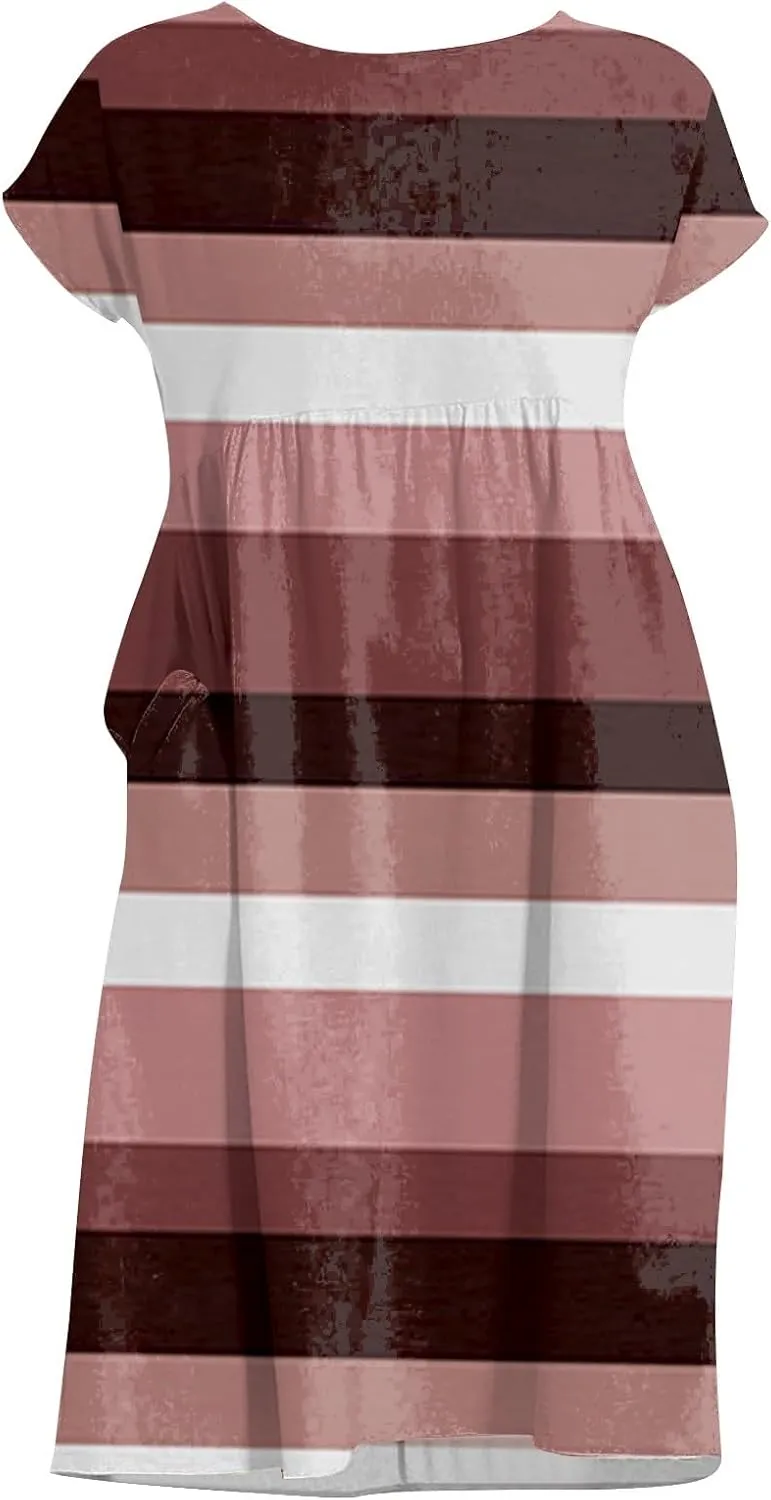 Patchwork Dress for Women Striped Ruched Waist A-Line Casual Summer Dress with Side Pockets