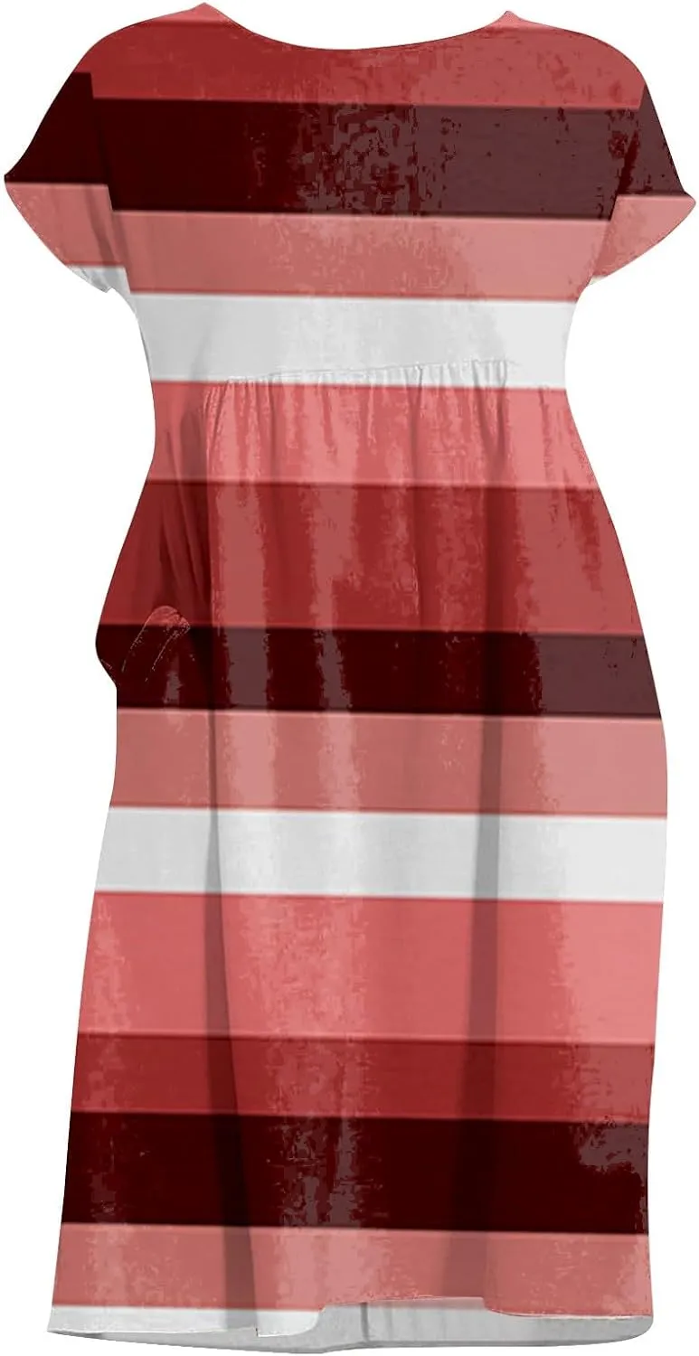 Patchwork Dress for Women Striped Ruched Waist A-Line Casual Summer Dress with Side Pockets