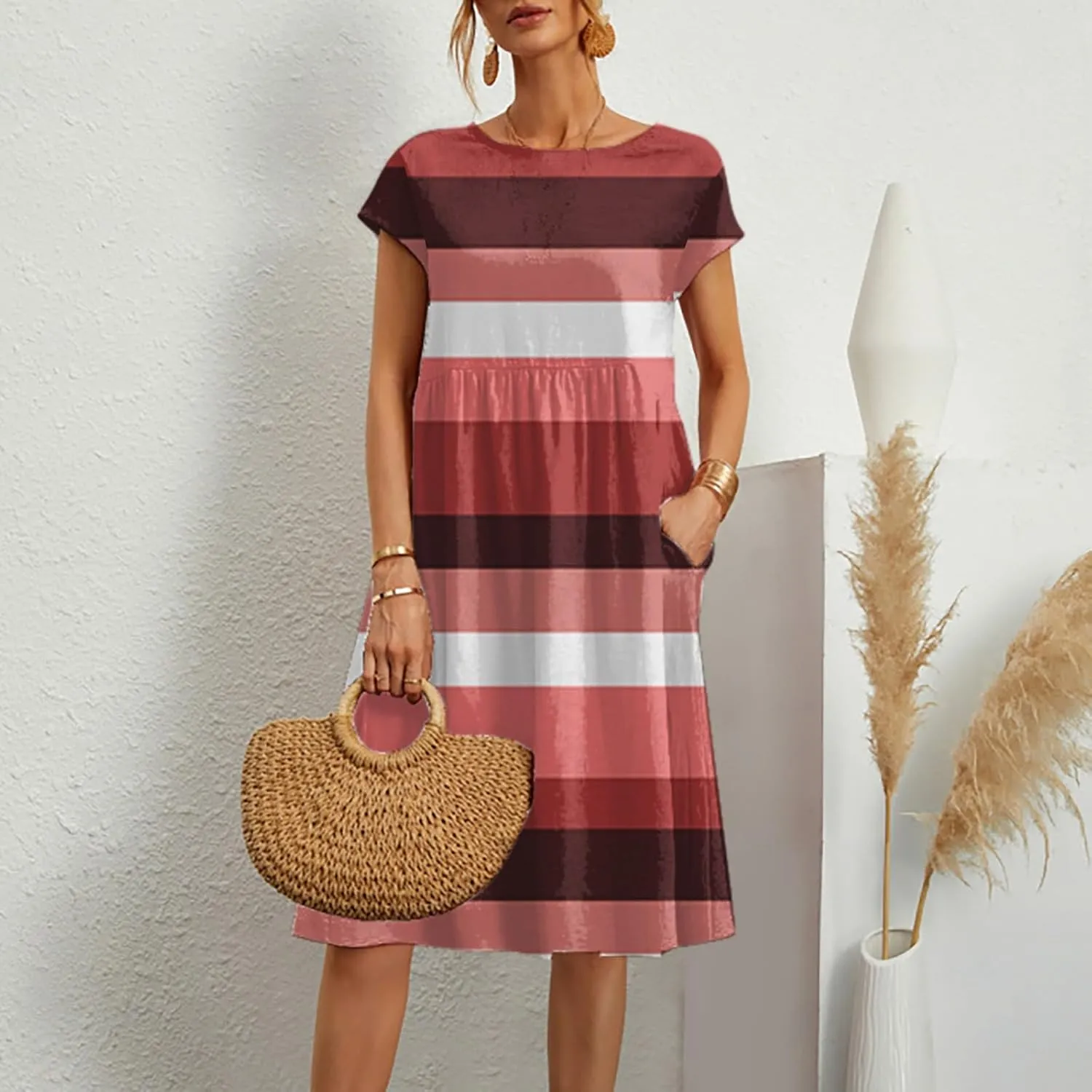 Patchwork Dress for Women Striped Ruched Waist A-Line Casual Summer Dress with Side Pockets