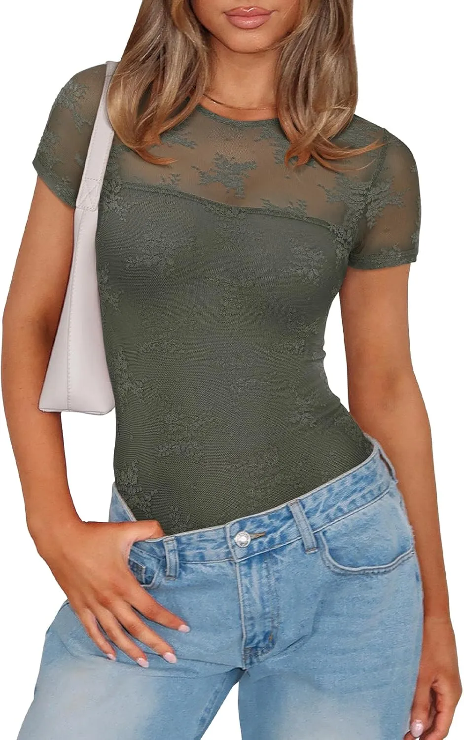 PINKMSTYLE Womens Crew Neck Lace Short Sleeve Bodysuit Double Lined Going Out Tops Sexy Thong Body Suit Shirts