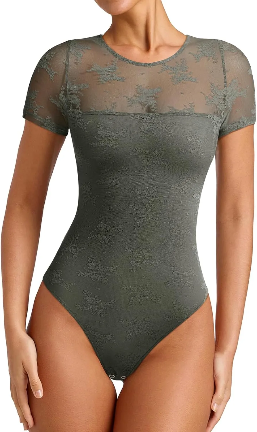 PINKMSTYLE Womens Crew Neck Lace Short Sleeve Bodysuit Double Lined Going Out Tops Sexy Thong Body Suit Shirts
