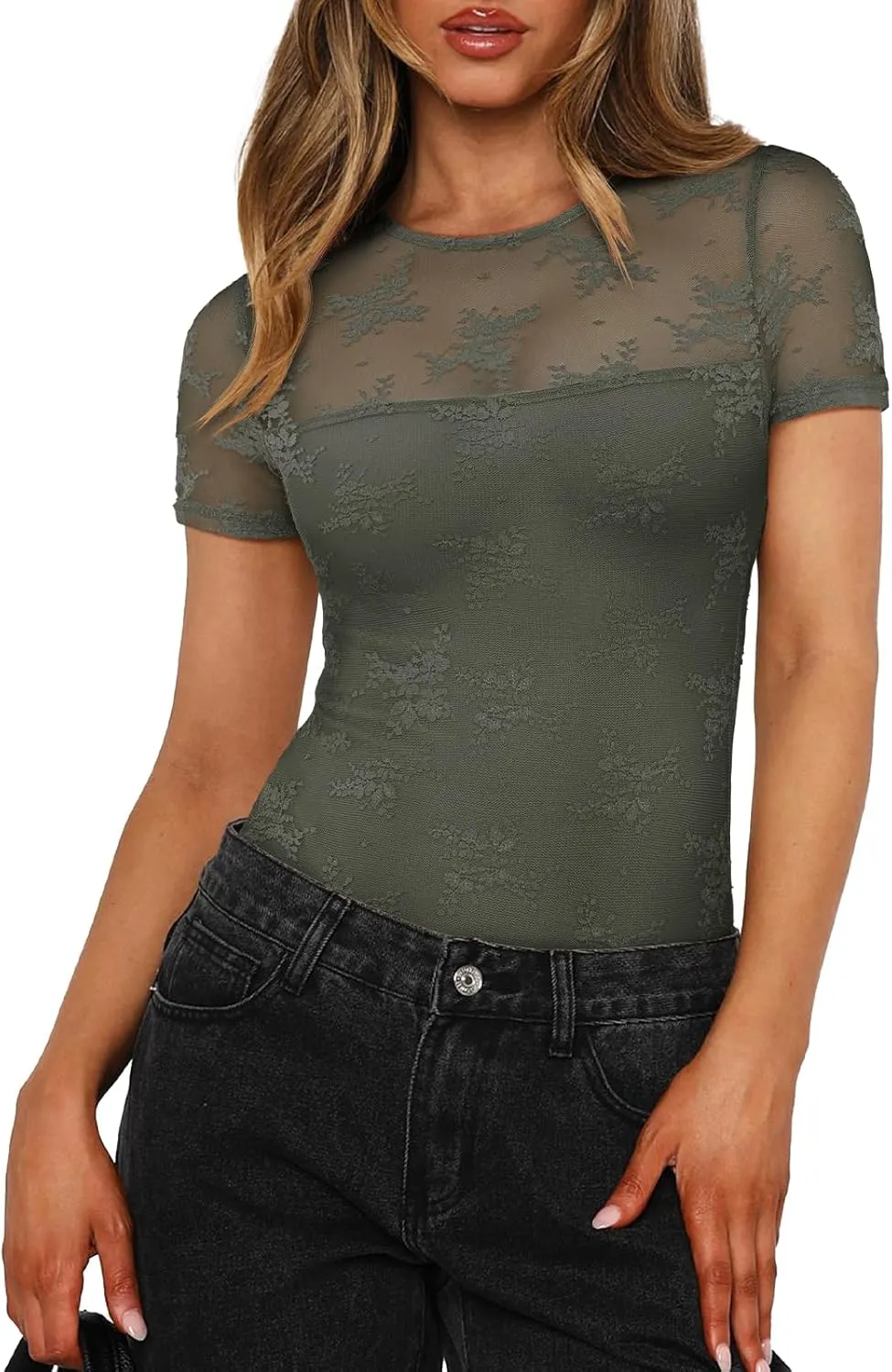 PINKMSTYLE Womens Crew Neck Lace Short Sleeve Bodysuit Double Lined Going Out Tops Sexy Thong Body Suit Shirts