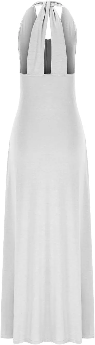 Plus Size Halter Maxi Dress for Women Summer Sexy Backless Sleeveles V Neck Beach Dresses Flowy Casual A-Line Dress