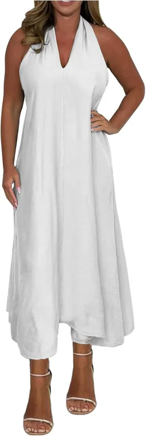 Plus Size Halter Maxi Dress for Women Summer Sexy Backless Sleeveles V Neck Beach Dresses Flowy Casual A-Line Dress