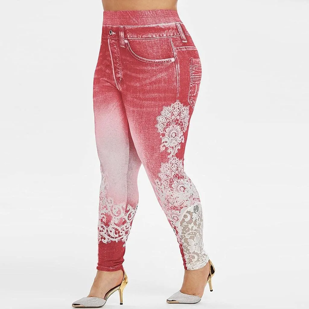 Plus Size Jeans Jeggings Butt Lift Bermuda Yoga Leggings High Waist Stretch Lace Trim Pencil Denim Pants
