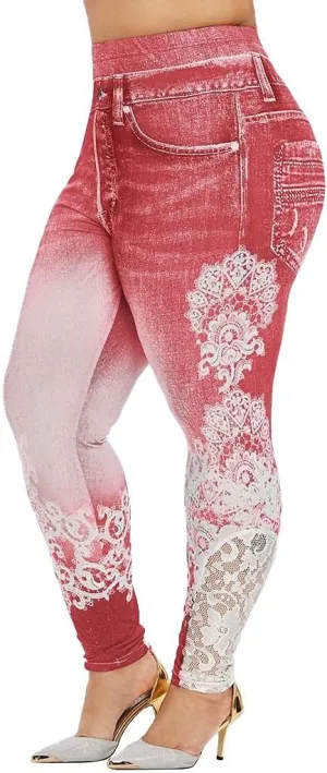 Plus Size Jeans Jeggings Butt Lift Bermuda Yoga Leggings High Waist Stretch Lace Trim Pencil Denim Pants