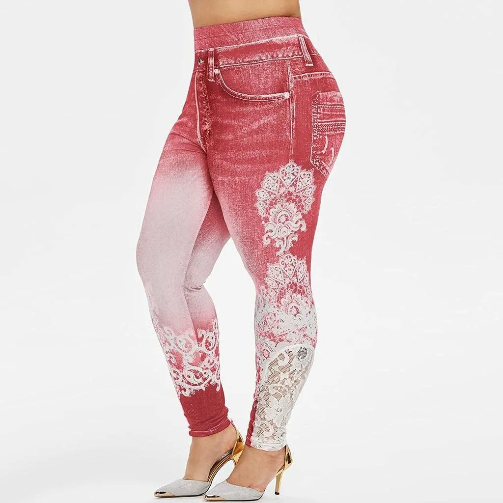 Plus Size Jeans Jeggings Butt Lift Bermuda Yoga Leggings High Waist Stretch Lace Trim Pencil Denim Pants