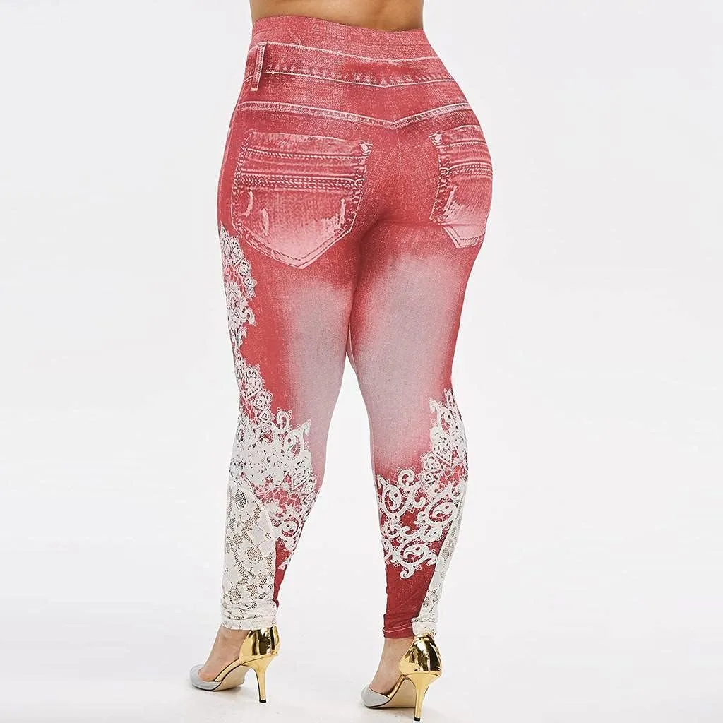 Plus Size Jeans Jeggings Butt Lift Bermuda Yoga Leggings High Waist Stretch Lace Trim Pencil Denim Pants