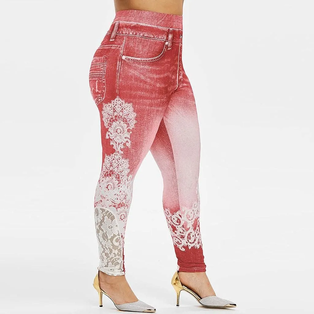 Plus Size Jeans Jeggings Butt Lift Bermuda Yoga Leggings High Waist Stretch Lace Trim Pencil Denim Pants