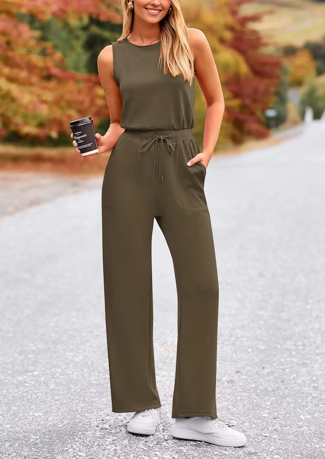 PRETTYGARDEN Womens Jumpsuits Summer Casual One Piece Outfits Sleeveless Wide Leg Long Pants Rompers