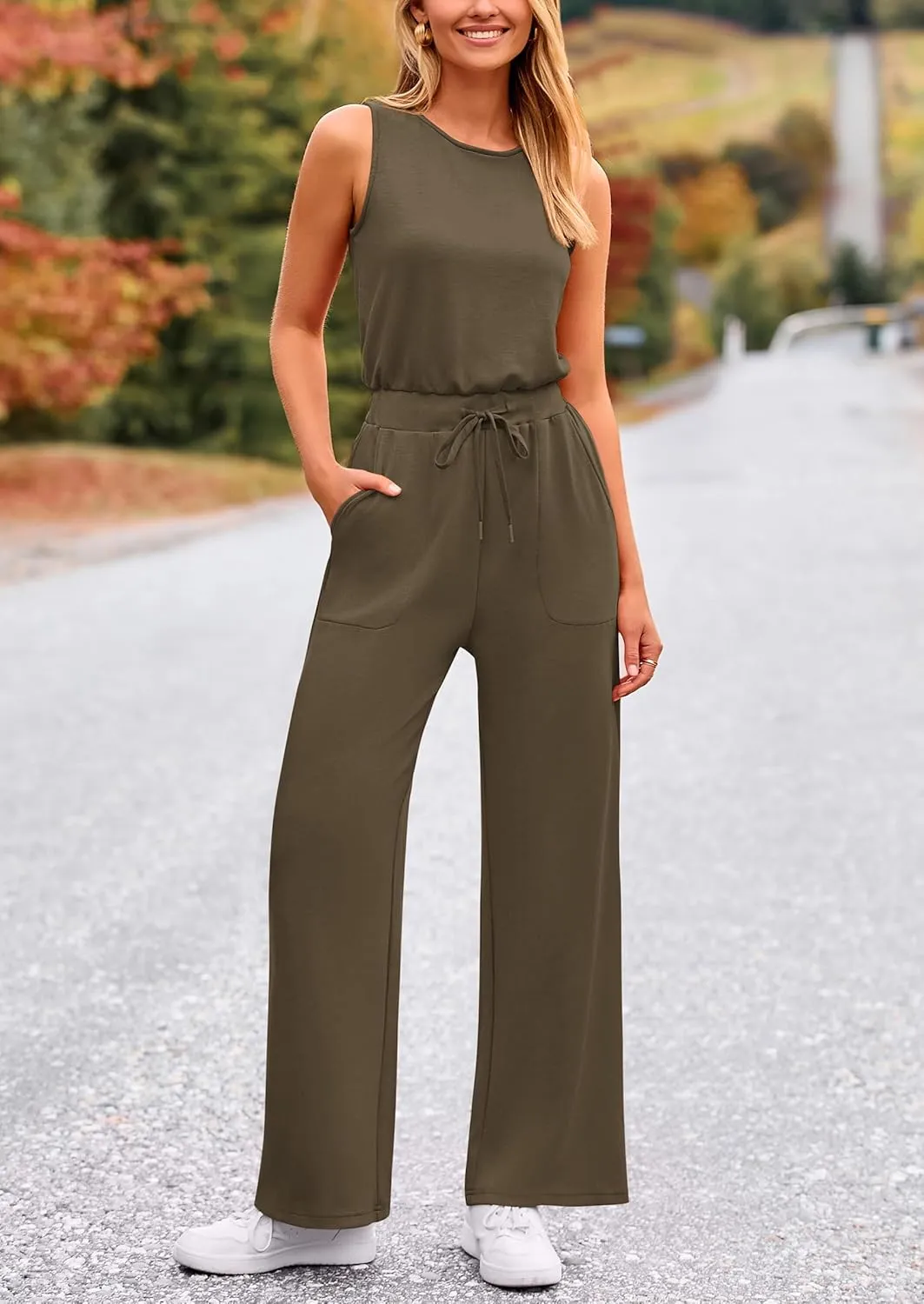 PRETTYGARDEN Womens Jumpsuits Summer Casual One Piece Outfits Sleeveless Wide Leg Long Pants Rompers