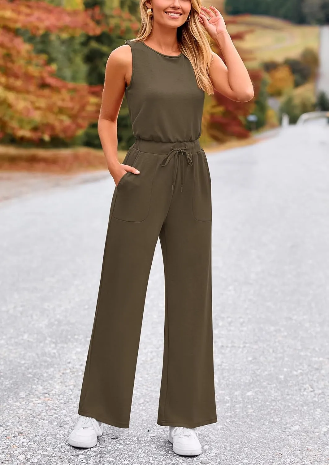 PRETTYGARDEN Womens Jumpsuits Summer Casual One Piece Outfits Sleeveless Wide Leg Long Pants Rompers