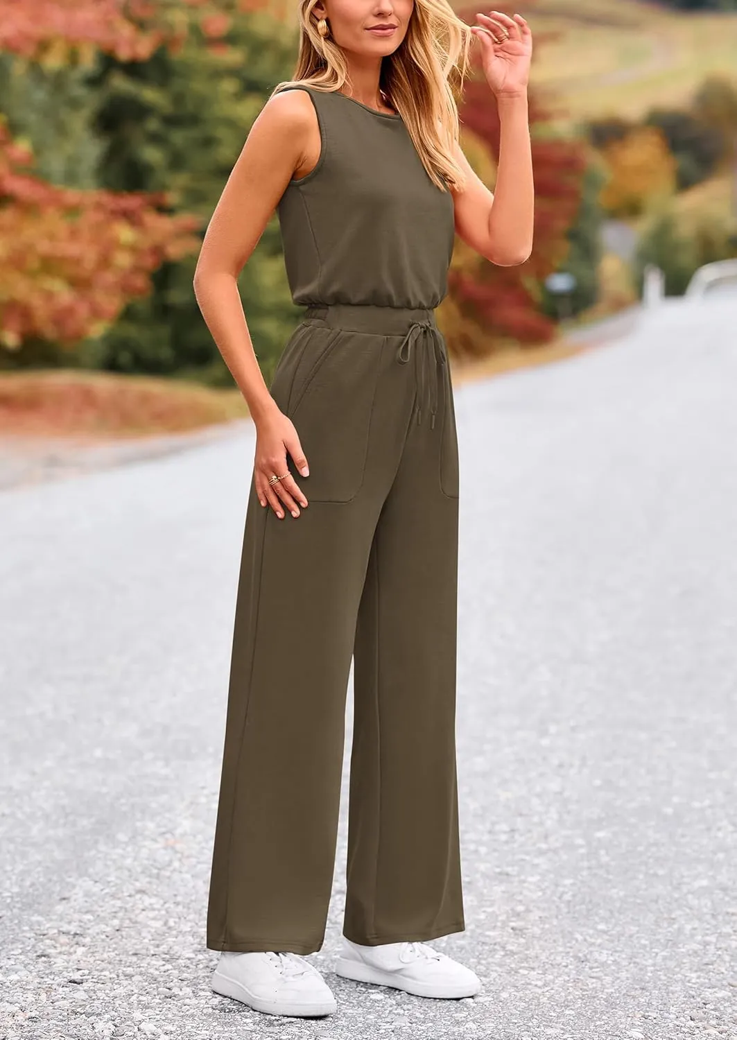 PRETTYGARDEN Womens Jumpsuits Summer Casual One Piece Outfits Sleeveless Wide Leg Long Pants Rompers