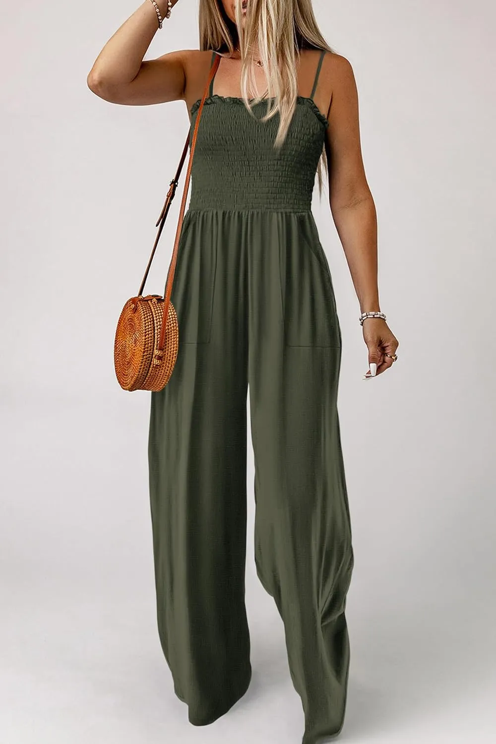 PRETTYGARDEN Women's Summer Jumpsuits Dressy Casual One Piece Outfits Linen Smocked Spaghetti Strap Pockets Wide Leg Rompers