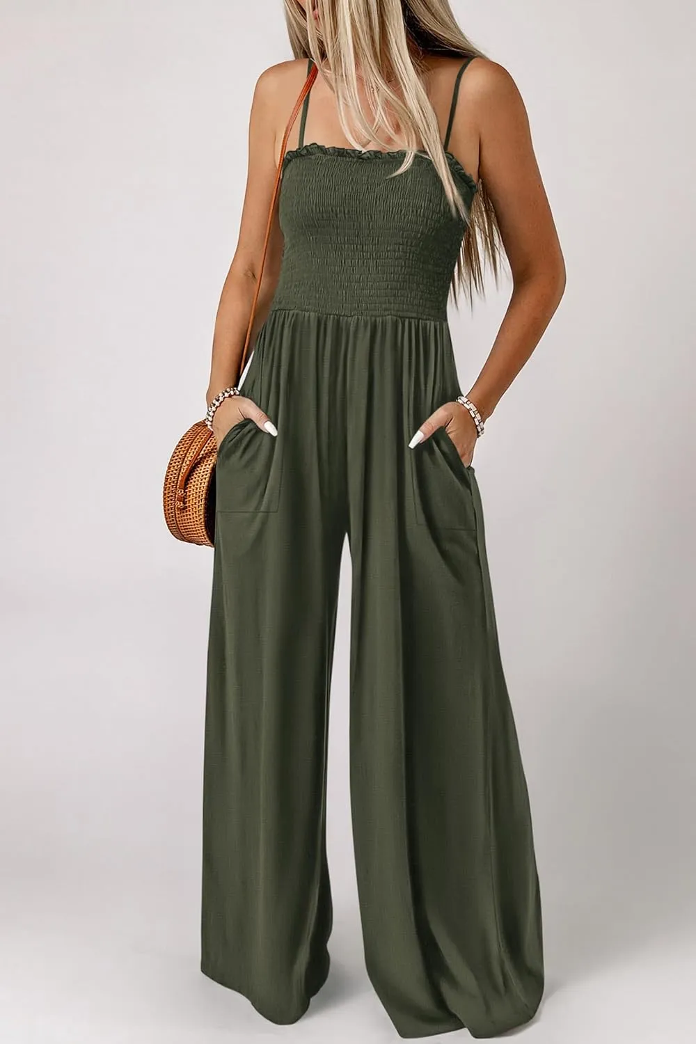 PRETTYGARDEN Women's Summer Jumpsuits Dressy Casual One Piece Outfits Linen Smocked Spaghetti Strap Pockets Wide Leg Rompers