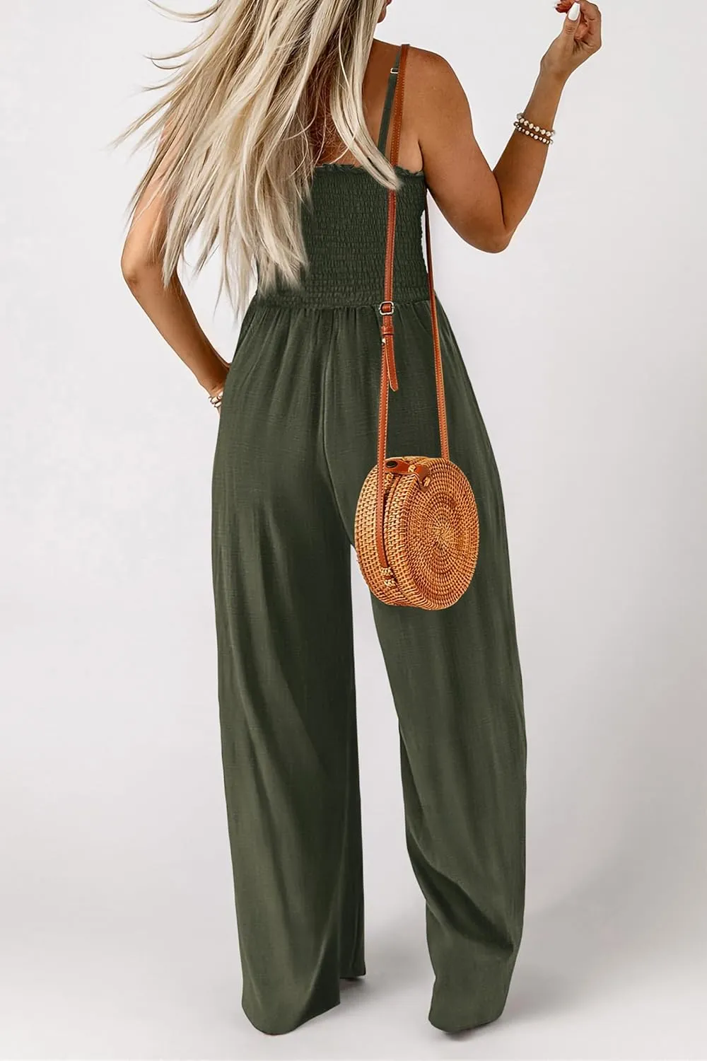 PRETTYGARDEN Women's Summer Jumpsuits Dressy Casual One Piece Outfits Linen Smocked Spaghetti Strap Pockets Wide Leg Rompers
