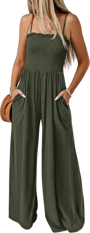 PRETTYGARDEN Women's Summer Jumpsuits Dressy Casual One Piece Outfits Linen Smocked Spaghetti Strap Pockets Wide Leg Rompers