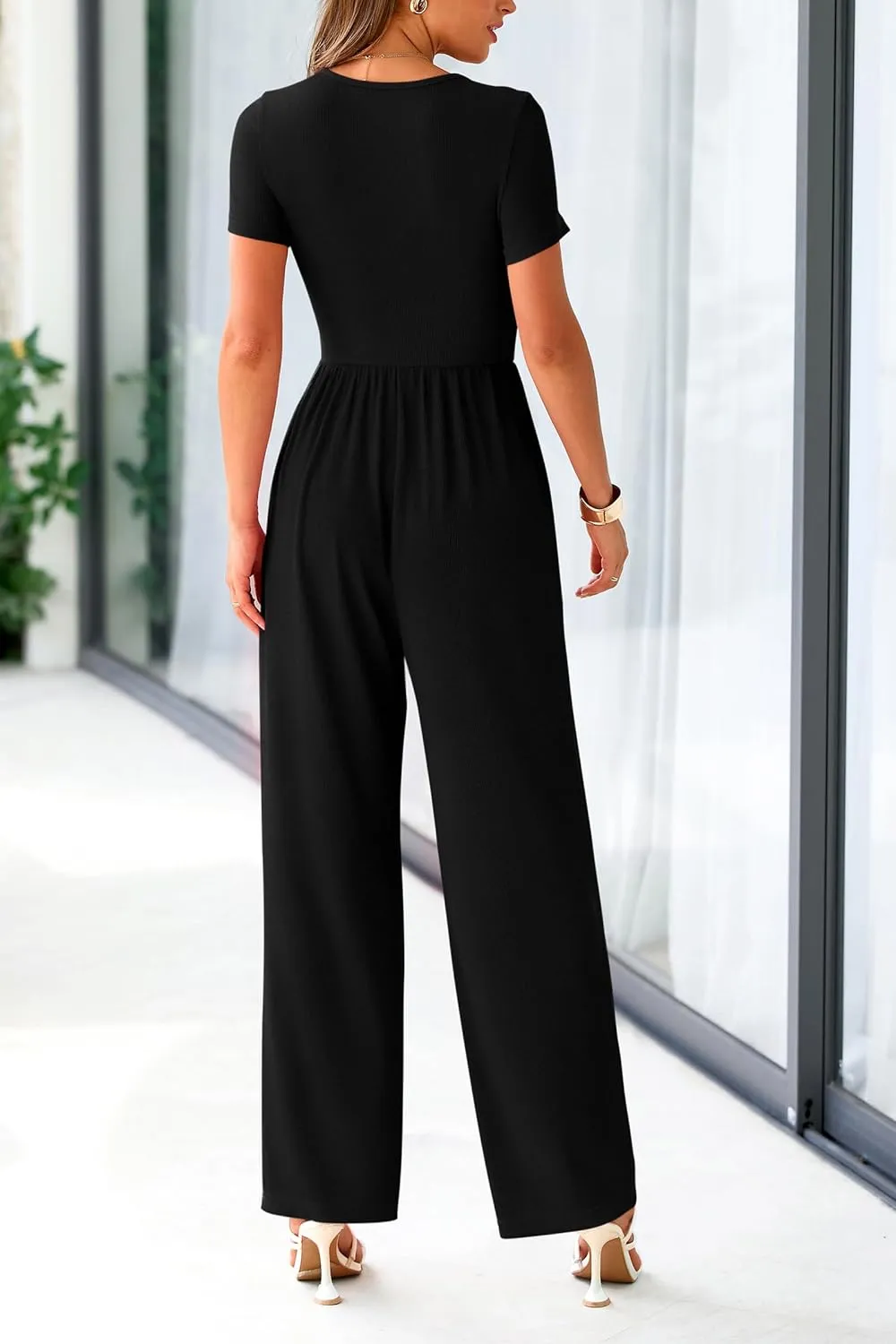 PRETTYGARDEN Women's Summer One Piece Jumpsuits Dressy Casual Short Sleeve Square Neck Wide Leg Jumpsuit Rompers
