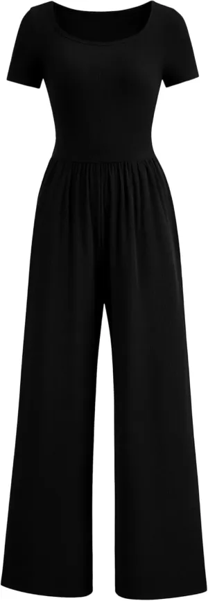 PRETTYGARDEN Women's Summer One Piece Jumpsuits Dressy Casual Short Sleeve Square Neck Wide Leg Jumpsuit Rompers