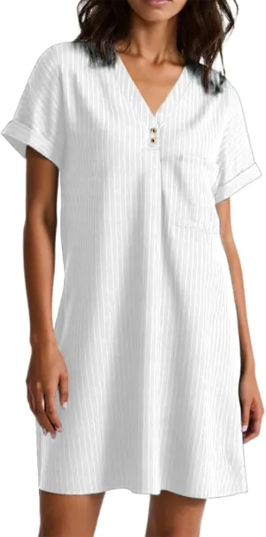 PTOLOCIF Shift Dress for Women V Neck Roll up Short Sleeves Tshirt Dresses Solid Casual Flowy Summer Sundresses with Pockets