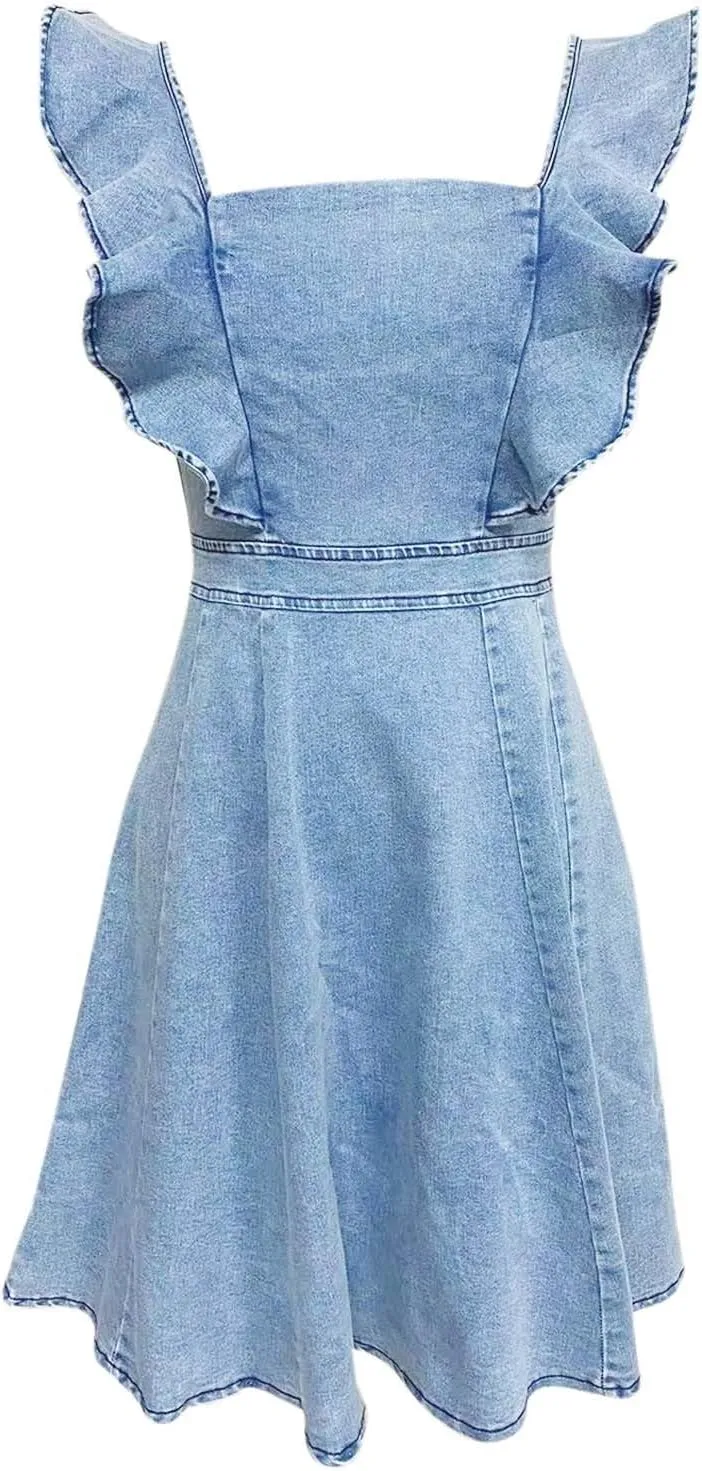 PTOLOCIF Summer Fashion Denim Dress for Women Casual Flowy Sleeve Open Back Jean Sleeveless Dresses for Women Casual