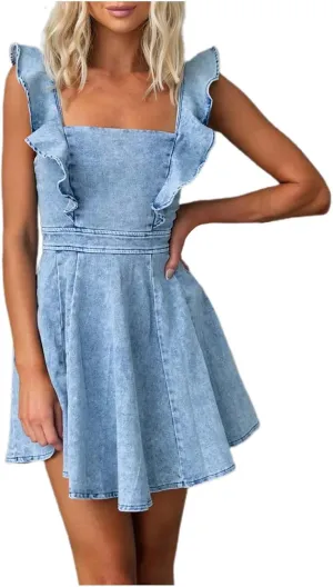 PTOLOCIF Summer Fashion Denim Dress for Women Casual Flowy Sleeve Open Back Jean Sleeveless Dresses for Women Casual