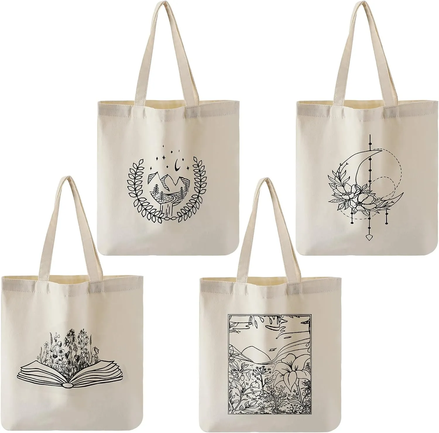 Reginary 4 Pcs Canvas Tote Bag for Women Canvas Shopping Totes Aesthetic Reusable Grocery Bags Gifts(Artistic)