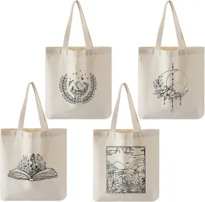 Reginary 4 Pcs Canvas Tote Bag for Women Canvas Shopping Totes Aesthetic Reusable Grocery Bags Gifts(Artistic)