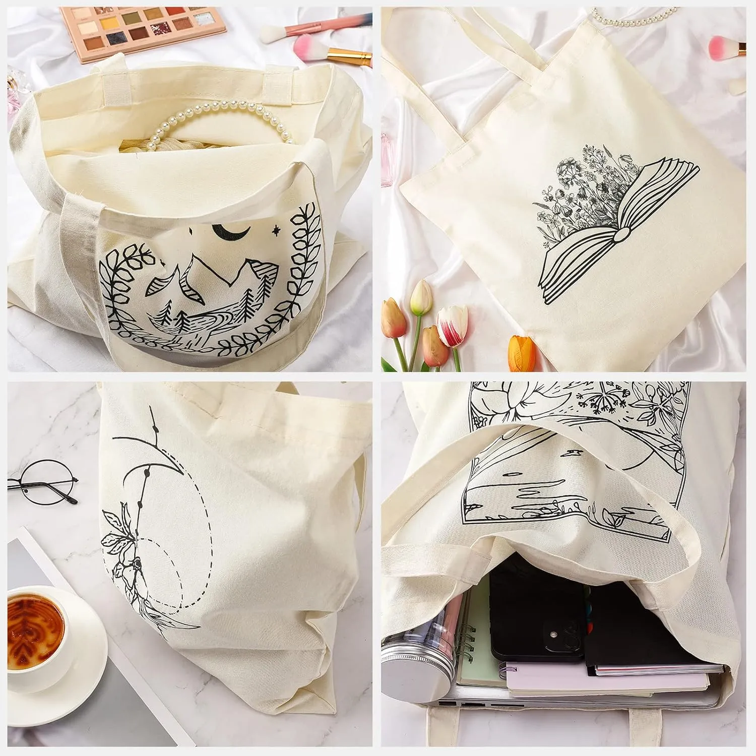 Reginary 4 Pcs Canvas Tote Bag for Women Canvas Shopping Totes Aesthetic Reusable Grocery Bags Gifts(Artistic)