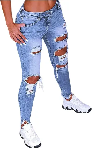 Ripped Boyfriend Jeans Cute Distressed Jeans Stretch Skinny Jeans Destroyed Pull On Denim Pants with Hole