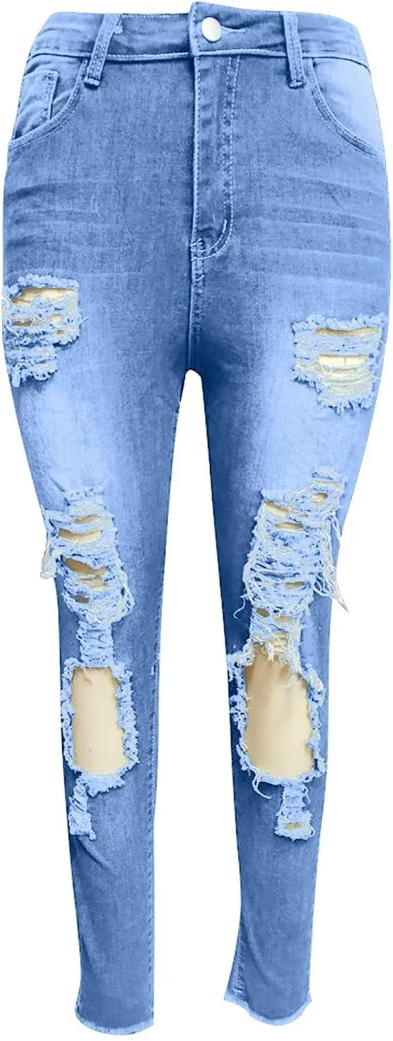 Ripped Boyfriend Jeans Cute Distressed Jeans Stretch Skinny Jeans Destroyed Pull On Denim Pants with Hole