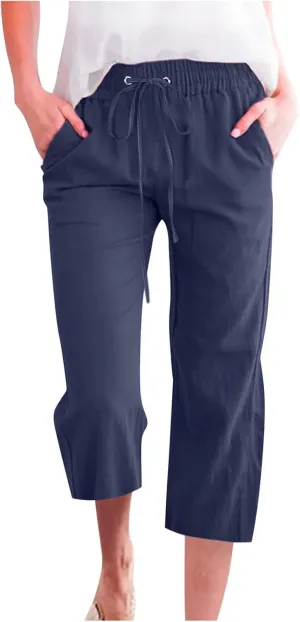 RKSTN Cotton Linen Pants for Women Casual Solid Color Elastic Pant Wide Leg Cropped Trousers with Pockets Drawstring Capris