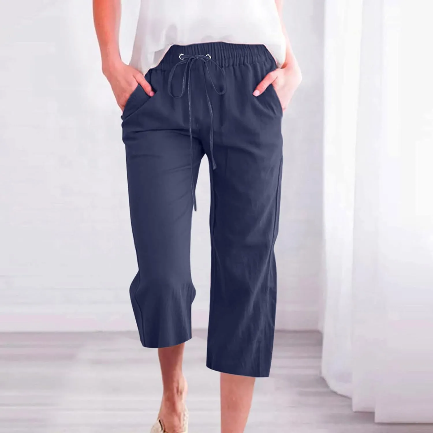 RKSTN Cotton Linen Pants for Women Casual Solid Color Elastic Pant Wide Leg Cropped Trousers with Pockets Drawstring Capris