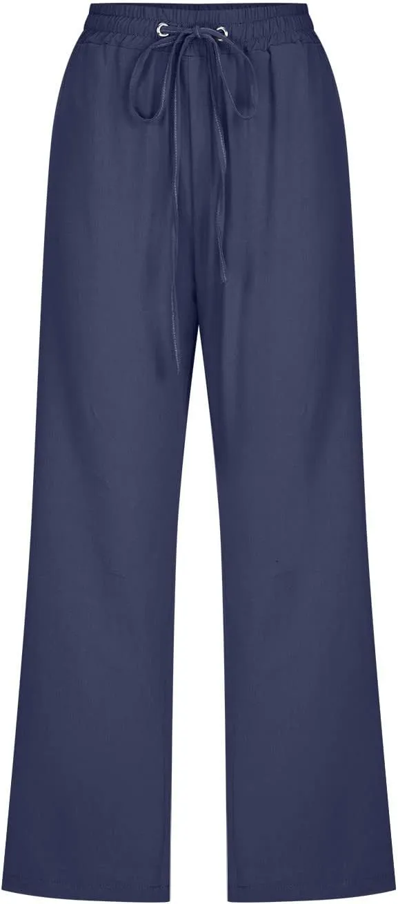 RKSTN Cotton Linen Pants for Women Casual Solid Color Elastic Pant Wide Leg Cropped Trousers with Pockets Drawstring Capris