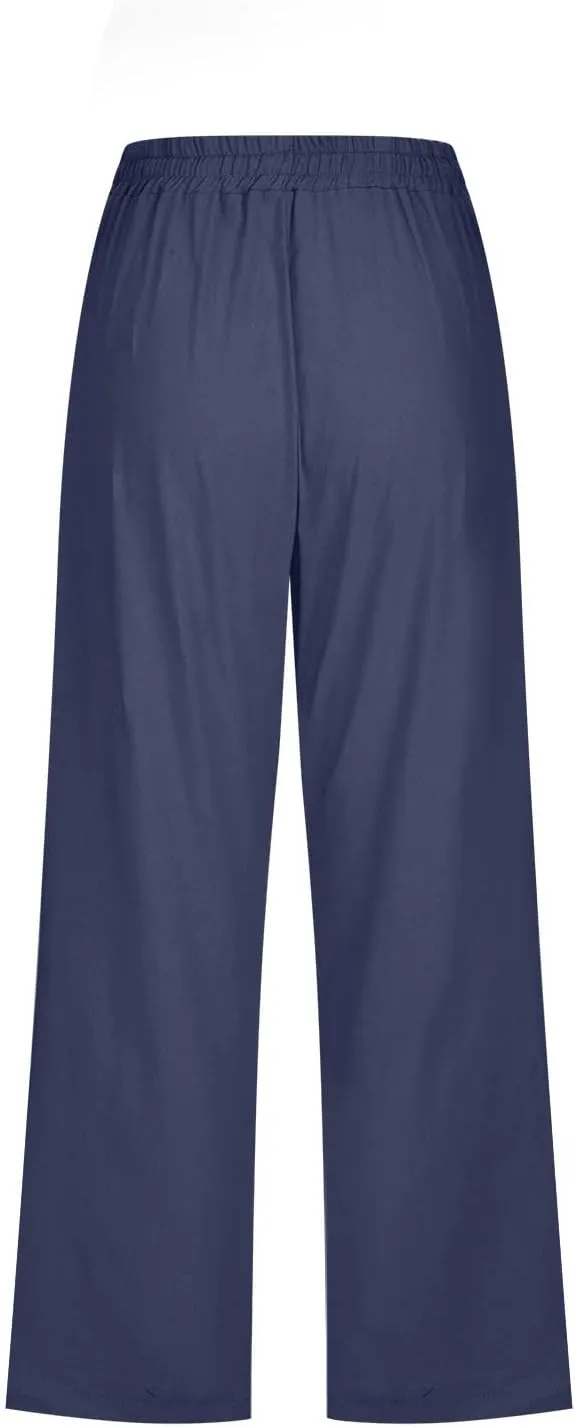 RKSTN Cotton Linen Pants for Women Casual Solid Color Elastic Pant Wide Leg Cropped Trousers with Pockets Drawstring Capris