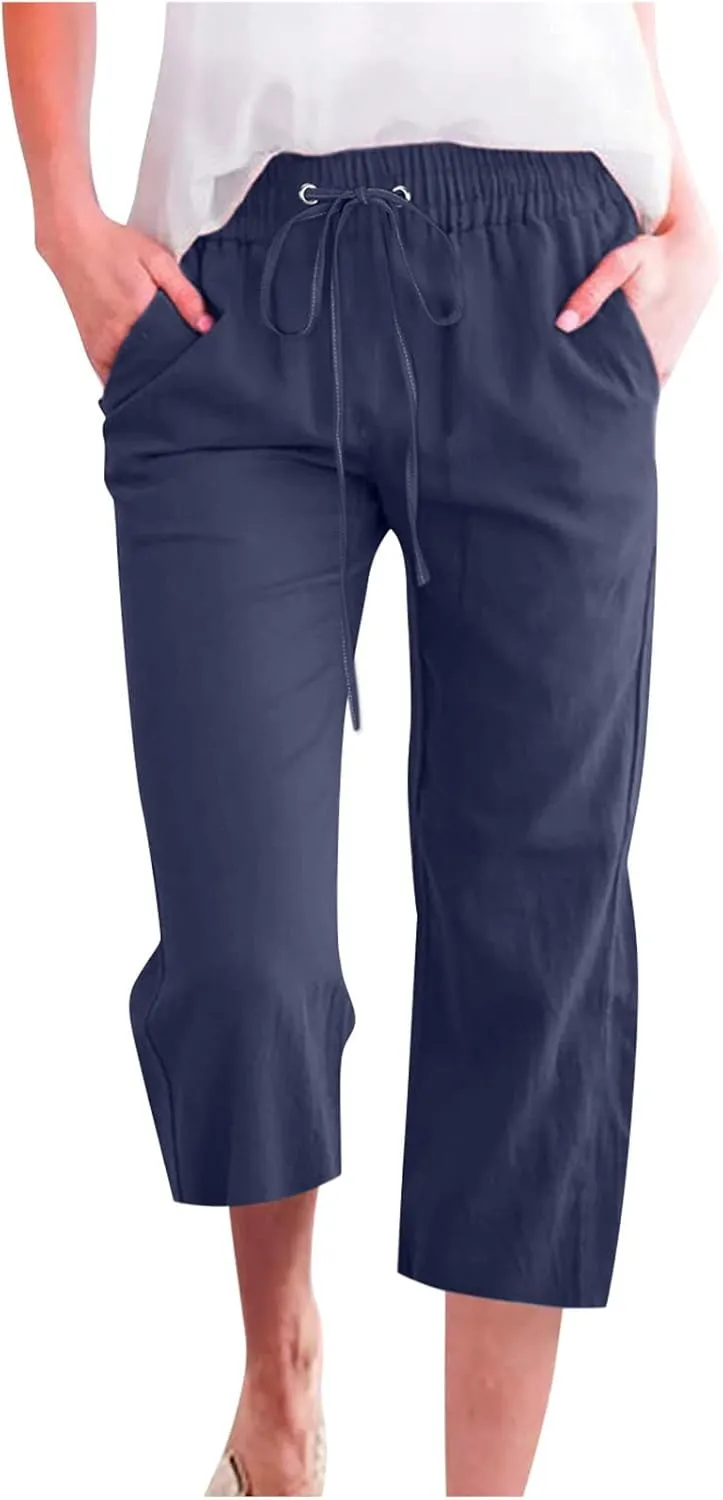 RKSTN Cotton Linen Pants for Women Casual Solid Color Elastic Pant Wide Leg Cropped Trousers with Pockets Drawstring Capris