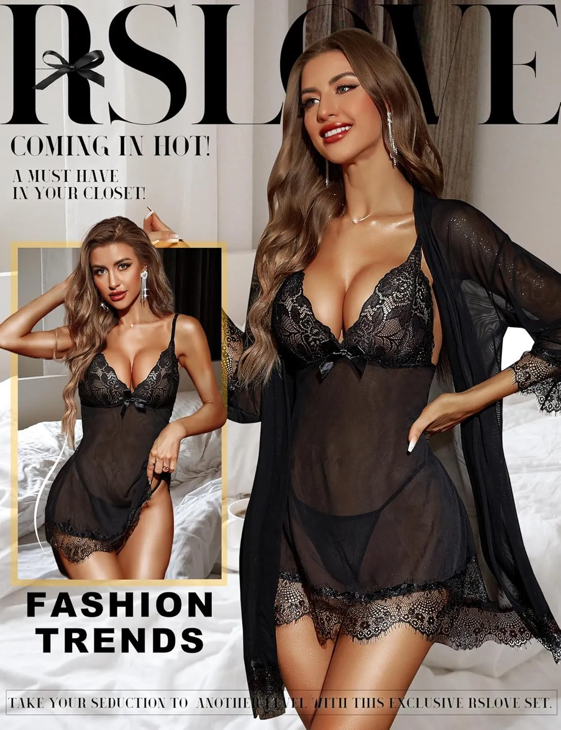RSLOVE Women Sexy Lingerie Set 3 Piece Babydoll & Lace Kimono Robe Strap Chemise Sleepwear Mesh Nightgown